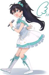 Rule 34 | 1girl, antenna hair, belly chain, black hair, blue eyes, blush, boots, bow, breasts, commentary request, cropped jacket, fang, frilled skirt, frills, full body, ganaha hibiki, green ribbon, grey shirt, hair bow, hair ribbon, highres, holding, holding microphone, idolmaster, idolmaster (classic), idolmaster million live!, idolmaster million live! theater days, jacket, jewelry, knee boots, long hair, looking at viewer, medium breasts, microphone, motion lines, multicolored clothes, multicolored jacket, neck ribbon, open clothes, open hand, open jacket, open mouth, ponytail, ribbon, shadow, shirt, short sleeves, simple background, skirt, smile, solo, standing, sutora binsuke, two-tone jacket, white background, white footwear, white skirt, wings, wrist cuffs