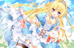 Rule 34 | 1girl, :d, alice (alice in wonderland), alice in wonderland, bad id, bad pixiv id, bariko, black thighhighs, blonde hair, blue eyes, breasts, cleavage, dress, dutch angle, highres, long hair, monocle, open mouth, rabbit, smile, striped clothes, striped thighhighs, thighhighs