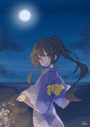 Rule 34 | 1girl, :d, absurdres, alternate costume, asashio (kancolle), black hair, blue eyes, blue kimono, blush, bow, cloud, commentary request, fireworks, floral print, full moon, highres, holding, horizon, ichi (ichi.colors), japanese clothes, kantai collection, kimono, long hair, long sleeves, looking at viewer, looking back, moon, night, night sky, ocean, open mouth, outdoors, ponytail, print kimono, sidelocks, signature, sky, sleeves past wrists, smile, solo, sparkler, standing, very long hair, water, wide sleeves, yellow bow