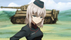 Rule 34 | 10s, 1girl, black hat, black jacket, blue eyes, blue sky, blurry, blurry background, closed mouth, cloud, cloudy sky, commentary, cwind, day, depth of field, dress shirt, frown, garrison cap, girls und panzer, hat, highres, itsumi erika, jacket, kuromorimine military uniform, long hair, long sleeves, looking at viewer, military, military hat, military uniform, military vehicle, motor vehicle, outdoors, red shirt, shirt, silver hair, sky, solo, standing, tank, tiger ii, uniform, upper body