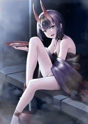Rule 34 | 1girl, absurdres, alcohol, ankle ribbon, bare legs, bare shoulders, breasts, cup, fangs, fate/grand order, fate (series), hair ornament, highres, horns, japanese clothes, kimono, leg ribbon, looking at viewer, night, open mouth, outdoors, purple eyes, purple hair, red ribbon, ribbon, sakazuki, sake, short hair, shuten douji (fate), shuten douji (first ascension) (fate), sitting, skin-covered horns, small breasts, smile, solo, yonago miko