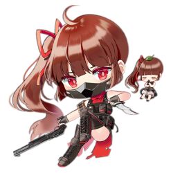 Rule 34 | ahoge, artist request, bandolier, black dress, black footwear, black gloves, black mask, black vest, blush, blush stickers, boots, brown hair, chibi, closed eyes, combo fairy (girls&#039; frontline), dress, fairy (girls&#039; frontline), fingerless gloves, full body, girls&#039; frontline, gloves, gun, hair ribbon, holding, holding gun, holding knife, holding weapon, knee pads, knife, leaf, leaf on head, long hair, looking at viewer, mask, mouth mask, multiple girls, ninja, official art, one side up, own hands together, pouch, red eyes, red ribbon, red scarf, ribbon, scarf, shotgun, simple background, thigh boots, third-party source, torn clothes, torn scarf, transparent background, very long hair, vest, weapon