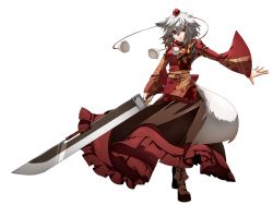 Rule 34 | 1girl, alternate costume, animal ears, boots, female focus, full body, hat, huge weapon, icf, inubashiri momiji, mazuka kei, outstretched arm, ribbon, short hair, silver hair, simple background, solo, sword, tail, tokin hat, touhou, weapon, white background, wide sleeves, wolf ears, wolf tail