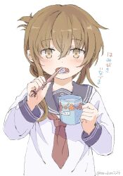 Rule 34 | 1girl, black sailor collar, blush, brown eyes, brown hair, brushing hair, cup, folded ponytail, highres, holding, holding cup, holding toothbrush, inazuma (kancolle), kantai collection, long sleeves, mug, narukan, neckerchief, open mouth, red neckerchief, sailor collar, school uniform, serafuku, simple background, solo, toothbrush, translation request, twitter username, upper body, white background