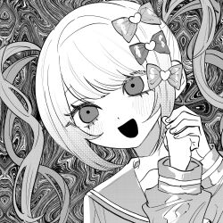 Rule 34 | 1girl, :d, bow, chouzetsusaikawa tenshi-chan, commentary, greyscale, hair bow, hair ornament, hands up, heart, heart hair ornament, highres, inochi memo (oosawagidays), long hair, long sleeves, monochrome, needy girl overdose, open mouth, own hands together, quad tails, sailor collar, smile, solo, symbol-only commentary, twintails, upper body