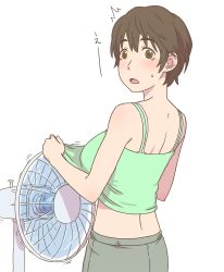 Rule 34 | 10s, 1girl, ^^^, bare shoulders, blush, breasts, brown eyes, brown hair, camisole, camisole lift, clothes lift, commentary request, ebinera, electric fan, fanning self, from behind, idolmaster, idolmaster cinderella girls, large breasts, lifted by self, looking back, midriff, oikawa shizuku, open mouth, short hair, solo, sweatdrop, white background
