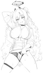 Rule 34 | 1girl, berserkert, blue archive, breasts, choker, demon horns, double bun, gluteal fold, grin, hair bun, halo, highres, horns, kirara (blue archive), large breasts, long hair, mole, mole on pussy, monochrome, open clothes, sketch, smile, unfinished, white background