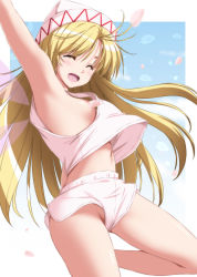 Rule 34 | 1girl, ^ ^, arm up, armpits, bare arms, bare legs, blonde hair, blue background, border, breasts, censored nipples, cherry blossoms, closed eyes, convenient censoring, dolphin shorts, fairy wings, hat, highres, lily white, long hair, micro shorts, midriff, navel, no bra, no panties, nori tamago, petal censor, petals, pink hat, pink shirt, pink shorts, shirt, shorts, side slit, side slit shorts, small breasts, smile, solo, tank top, thighs, touhou, transparent wings, upshorts, very long hair, white border, wings