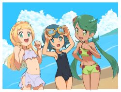Rule 34 | 3girls, :d, bare arms, bare shoulders, beach, bikini, black one-piece swimsuit, blue eyes, blue hair, braid, breasts, bright pupils, clenched hand, cloud, creatures (company), crown braid, dark-skinned female, dark skin, day, floral print, game freak, gen 1 pokemon, goggles, goggles on head, green bikini, green eyes, green hair, hair ornament, hands up, index finger raised, lana (pokemon), legs together, lillie (pokemon), mallow (pokemon), multiple girls, nintendo, nyonn24, ocean, one-piece swimsuit, open mouth, outdoors, pokemon, pokemon (anime), pokemon (creature), pokemon sm (anime), single braid, small breasts, smile, standing, staryu, strapless, strapless bikini, swimsuit, teeth, tongue, twintails, water, white bikini, white pupils