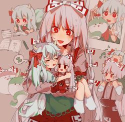 Rule 34 | 2girls, :d, aged down, beamed eighth notes, bow, bright pupils, closed mouth, doll, drawing, dress, eighth note, ex-keine, fujiwara no mokou, green dress, green hair, grey hair, hair bow, highres, holding, holding doll, holding pencil, horn bow, horn ornament, horns, kamishirasawa keine, long hair, long sleeves, looking at another, multicolored hair, multiple girls, musical note, ofuda, ofuda on clothes, on person, open mouth, pencil, photo (object), red bow, red eyes, saliva, simple background, smile, socks, spoken zzz, sukusuku hakutaku, suspenders, sweatdrop, tail, touhou, two-tone hair, white hair, white legwear, white pupils, yukiaa, zzz