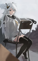 Rule 34 | + +, 1girl, absurdres, alchemy stars, black eyes, black footwear, black gloves, black thighhighs, blurry, blurry foreground, blush, chair, closed mouth, commentary, florine (alchemy stars), gloves, grey shirt, hair ornament, highres, long hair, looking at viewer, miniskirt, neckerchief, sailor collar, school chair, shirt, shoes, sidelocks, sitting, skirt, snake, so shio, solo, thighhighs, thighs, two side up, white hair, white neckerchief, white skirt, zettai ryouiki
