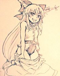 Rule 34 | 1girl, bow, breasts, commentary request, covered navel, cowboy shot, d-m (dii emu), eyelashes, greyscale, grin, hair bow, horns, ibuki suika, looking at viewer, monochrome, one-piece swimsuit, oni horns, shirt, skirt, unworn skirt, sleeveless, sleeveless shirt, small breasts, smile, swimsuit, swimsuit under clothes, touhou, traditional media, undressing