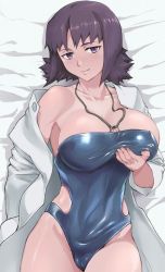 Rule 34 | 1girl, bed sheet, black one-piece swimsuit, blue one-piece swimsuit, breasts, bust cup, buttons, cameltoe, cleavage, coat, collarbone, commentary request, cowboy shot, creatures (company), game freak, grabbing own breast, half-closed eyes, halterneck, hirokanekure, lab coat, large breasts, lying, medium hair, nintendo, off shoulder, on back, one-piece swimsuit, open clothes, open coat, parted bangs, philena ivy, pokemon, pokemon (anime), pokemon (classic anime), purple eyes, purple hair, shiny clothes, solo, spiked hair, swimsuit, swimsuit under clothes, thighs, wide hips