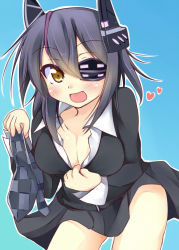 Rule 34 | 10s, 1girl, black hair, breasts, checkered clothes, checkered necktie, checkered neckwear, cleavage, clothes pull, dress shirt, eyepatch, heart, kantai collection, kuzumomo, large breasts, necktie, open mouth, shirt, shirt pull, skirt, smile, solo, tenryuu (kancolle), yellow eyes