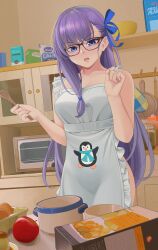 Rule 34 | 1girl, absurdres, alternate breast size, apron, bare shoulders, blue eyes, blue ribbon, blush, breasts, fate/extra, fate/extra ccc, fate/grand order, fate (series), glasses, hair ribbon, highres, long hair, looking at viewer, medium breasts, meltryllis (fate), naked apron, open mouth, purple hair, quatthro, ribbon, solo, very long hair, white apron