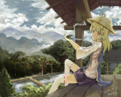 Rule 34 | 1girl, absurdres, adapted costume, black eyes, blonde hair, cloud, cloudy sky, day, forest, frog, hair ribbon, hat, highres, huanxiang heitu, japanese clothes, landscape, long hair, long sleeves, moriya suwako, mountain, nature, rain, rainbow, revision, ribbon, rice paddy, scenery, shirt, short hair, sitting, skirt, sky, solo, tabard, thighhighs, torii, touhou, white thighhighs, wide sleeves, zettai ryouiki