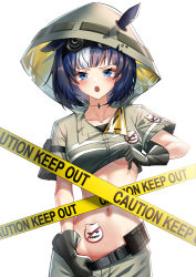 Rule 34 | 1girl, :o, absurdres, animal ears, arknights, belt, black belt, black gloves, black hair, blue eyes, blunt bangs, blush, breasts, brown shirt, brown shorts, caution tape, clothes lift, clothes pull, collarbone, commentary request, cowboy shot, detached hood, ears through headwear, fang, glaucus (arknights), glaucus (exterminator in the square) (arknights), gloves, groin, highres, hood, hood up, lifted by self, looking at viewer, md5 mismatch, midriff, mole, mole on body, mole on breast, multicolored hair, navel, night-vision device, official alternate costume, open mouth, originium (arknights), shirt, shirt lift, short hair, short sleeves, shorts, shorts pull, sidelocks, sign, simple background, skin fang, small breasts, so tsubasa, solo, standing, stomach tattoo, streaked hair, tape, tattoo, underboob, warning sign, white background, white hair