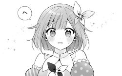 1girl blush bob_cut bow bowtie detached_sleeves frilled_sleeves frills greyscale hair_bow hair_flaps highres looking_at_viewer monochrome ootori_emu open_mouth pnyo_emc project_sekai puffy_short_sleeves puffy_sleeves short_hair short_sleeves simple_background solo speech_bubble sweat