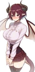 Rule 34 | 1girl, absurdres, black thighhighs, blush, breasts, center frills, commentary request, dragon girl, dragon horns, dragon tail, dragon wings, frills, granblue fantasy, grea (shingeki no bahamut), greatmosu, hair between eyes, highres, horns, large breasts, long sleeves, looking at viewer, manaria friends, miniskirt, pointy ears, purple hair, red eyes, shingeki no bahamut, shirt, short hair, simple background, skirt, solo, tail, thighhighs, v arms, white background, white shirt, wings