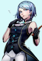 Rule 34 | 1girl, bare shoulders, black gloves, blue hair, breasts, buttons, cowboy shot, ascot, datcravat, earrings, gloves, ace attorney, highres, jewelry, franziska von karma, lips, looking at viewer, medium breasts, mole, mole under eye, pants, riding crop, short hair, solo, twitter username, white pants