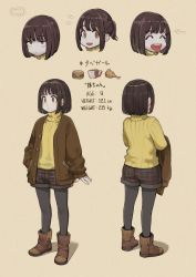 Rule 34 | 1girl, ankle boots, black pantyhose, boots, bread, brown cardigan, brown eyes, brown footwear, brown hair, burger, cardigan, child, commentary request, expressions, food, fried chicken, highres, jun (navigavi), little sister (navigavi), measurements, multiple views, open cardigan, open clothes, original, pantyhose, plaid, plaid shorts, short hair, shorts, sweater, tongue, tongue out, translation request, turnaround, turtleneck, turtleneck sweater, yellow sweater