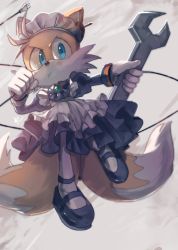 Rule 34 | 1boy, alternate costume, apron, black dress, blue eyes, closed mouth, crossdressing, dress, enmaided, fox boy, furry, furry male, gloves, highres, holding, holding wrench, long sleeves, maid, maid headdress, male focus, misuta710, multiple tails, solo, sonic (series), tail, tails (sonic), two tails, white apron, white gloves, wrench