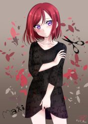 Rule 34 | 10s, 1girl, black dress, blush, character name, clothes lift, cola, cowboy shot, dress, dress lift, gradient background, grey background, hair between eyes, head tilt, lifted by self, looking at viewer, love live!, love live! school idol project, nishikino maki, parted bangs, print dress, purple eyes, red hair, ric. (marchen mozuku), scissors, short dress, short hair, solo, standing
