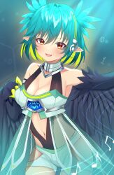 Rule 34 | 1girl, absurdres, artist request, bare shoulders, bird legs, black feathers, black wings, blue hair, blush, breasts, claws, cleavage, colored inner hair, fangs, feathers, green hair, hair between eyes, harpy, highres, indie virtual youtuber, lincoro, looking at viewer, medium breasts, monster girl, multicolored hair, musical note, navel, official alternate costume, open mouth, pointy ears, red eyes, second-party source, short hair, short twintails, solo, tiara, twintails, virtual youtuber, winged arms, wings