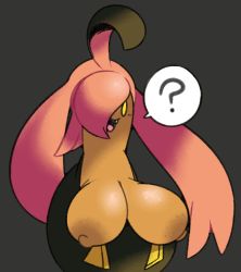 Rule 34 | 1girl, ?, ahoge, black background, black hair, blush, breasts, creatures (company), fang, female focus, game freak, gen 6 pokemon, gourgeist, hair over one eye, happy, large areolae, large breasts, light blush, long hair, multicolored hair, nintendo, nipples, open mouth, pink hair, pokemon, pokemon (creature), simple background, smile, solo, speech bubble, spoken question mark, twintails, two-tone hair, very long hair, vilepluff, yellow eyes