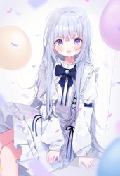 Rule 34 | 1girl, :d, balloon, blue bow, blush, bow, commentary request, confetti, deyui, dress, feet out of frame, frilled dress, frills, grey background, hair between eyes, highres, juliet sleeves, long hair, long sleeves, looking at viewer, open mouth, puffy long sleeves, puffy sleeves, purple eyes, shiratori rena, silver hair, sitting, smile, solo, teeth, upper teeth only, very long hair, virtual youtuber, voice-ore, white dress