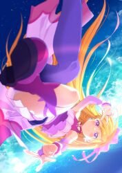 Rule 34 | 1girl, absurdres, artist request, asymmetrical clothes, asymmetrical legwear, blonde hair, blush, boots, cloud, cure butterfly, earrings, eyelashes, hair ornament, happy, highres, hijiri ageha, hirogaru sky! precure, jewelry, long hair, looking at viewer, magical girl, ocean, pink eyes, pink footwear, pink skirt, precure, single thighhigh, skirt, sky, smile, solo, source request, thighhighs, v