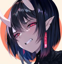 Rule 34 | 1girl, black hair, clenched teeth, earrings, eyeliner, fang, horns, jewelry, looking at viewer, makeup, oni, oni horns, oni kanzei, original, pointy ears, portrait, red eyes, short hair, solo, teeth