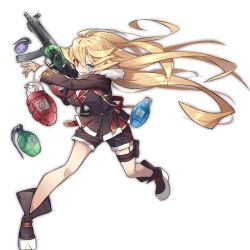 Rule 34 | 1girl, ahoge, ark order, black footwear, black jacket, black shorts, blonde hair, blue eyes, boots, breasts, brown gloves, chimera (ark order), explosive, floating hair, full body, fur-trimmed jacket, fur trim, gloves, grenade, grenade pin, gun, h&amp;k ump, hair flaps, heterochromia, holding, holding gun, holding weapon, holster, hood, hooded jacket, jacket, kzhu, large breasts, long hair, mouth hold, official art, red eyes, shirt, shorts, solo, tachi-e, thigh holster, thigh strap, transparent background, very long hair, weapon, weapon request, white shirt, wing collar
