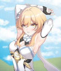 Rule 34 | 1girl, 4sm98, absurdres, armpits, arms up, bare shoulders, blonde hair, blue sky, breasts, cleavage, cloud, commentary request, day, dress, flower, genshin impact, hair flower, hair ornament, highres, long hair, looking at viewer, lumine (genshin impact), medium breasts, parted lips, presenting armpit, sidelocks, sky, sleeveless, sleeveless dress, solo, upper body, white dress, white flower, yellow eyes