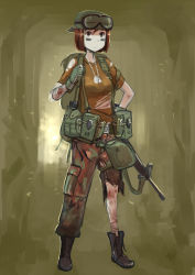 Rule 34 | 1girl, :/, ammunition pouch, assault rifle, backpack, backwards hat, bag, bandages, blood, blood on clothes, boots, brown eyes, brown hair, camouflage, canteen, dog tags, erica (naze1940), facepaint, fingerless gloves, gloves, goggles, goggles on head, gun, gun sling, hand on own hip, hat, highres, load bearing equipment, looking at viewer, m16, m16a1, midriff, military, military uniform, original, pants, pouch, rifle, shirt, short hair, soldier, solo, t-shirt, torn clothes, torn pants, torn shirt, uniform, united states, weapon