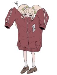 Rule 34 | 1girl, blonde hair, blush, bow, brown footwear, cat hair ornament, danganronpa (series), danganronpa 2: goodbye despair, full body, green bow, grey socks, hair bow, hair ornament, half-closed eyes, highres, jacket, long hair, long sleeves, orange eyes, oversized clothes, raamensusure, red jacket, saionji hiyoko, shoes, simple background, sleeves past fingers, sleeves past wrists, socks, solo, squiggle, standing, twintails, white background