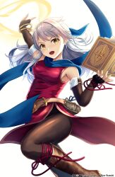 Rule 34 | 1girl, absurdres, bare shoulders, belt, black gloves, blue scarf, book, boots, bracelet, dress, elbow gloves, fingerless gloves, fire emblem, fire emblem: radiant dawn, gloves, grey hair, hair ribbon, half updo, highres, holding, holding book, jewelry, long hair, looking at viewer, micaiah (fire emblem), nintendo, open book, open mouth, pantyhose, ribbon, ryo-suzuki, scarf, side slit, simple background, sleeveless, sleeveless dress, solo, twitter logo, white background, yellow eyes