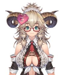 Rule 34 | 1girl, bare shoulders, blush, brown hair, closed mouth, frills, glasses, gougasha akira, green eyes, hair between eyes, hair ornament, heart, heart hair ornament, highres, horns, indie virtual youtuber, long hair, maid headdress, necktie, open mouth, original, pink lips, red-framed eyewear, red necktie, skull, skull hair ornament, smile, solo, teeth, tongue, virtual youtuber