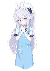 Rule 34 | 1girl, angel&#039;s 24 uniform (blue archive), animal ears, apron, blue apron, blue archive, blush, braid, cram960, crown braid, fake animal ears, grey hair, hair between eyes, highres, long hair, looking at viewer, miyako (blue archive), official alternate costume, one side up, polo shirt, purple eyes, rabbit ears, shirt, short sleeves, simple background, solo, upper body, white background, white shirt