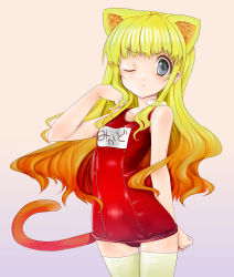 Rule 34 | 1girl, alternate color school swimsuit, animal ears, bad id, bad pixiv id, blonde hair, blue eyes, cat ears, cat tail, chicago-x, colorized, highres, mayo (marlboroo), one-piece swimsuit, one eye closed, original, red one-piece swimsuit, school swimsuit, solo, swimsuit, tail, thighhighs, wink