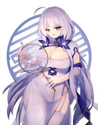 Rule 34 | 1girl, absurdres, azur lane, blue eyes, breasts, bursting breasts, china dress, chinese clothes, cleavage, cleavage cutout, clothing cutout, dress, garter straps, hand fan, highres, holding, holding fan, huge breasts, illustrious (azur lane), illustrious (maiden lily&#039;s radiance) (azur lane), jrpulse, looking at viewer, official alternate costume, open mouth, short sleeves, side slit, simple background, solo, thighhighs, thighs, tri tails, white background, white dress, white garter straps, white thighhighs