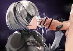 Rule 34 | 1boy, 1girl, 2b (nier:automata), bar censor, black background, black gloves, blindfold, breasts, censored, cleavage cutout, clothed female nude male, clothing cutout, cum, cum in mouth, cum in nose, cum overflow, fellatio, female focus, from side, gloves, gradient background, grey hair, hairband, handjob, hetero, highres, kajimakoto, large breasts, large penis, nier:automata, nier (series), nude, oral, penis, puffy sleeves, purple background, short hair, steam, testicles, tongue, tongue out, upper body