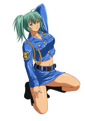 Rule 34 | 1girl, alternate costume, arm up, belt, blue skirt, blush, boots, breasts, curvy, dark skin, dark-skinned female, female focus, green eyes, green hair, highres, ikkitousen, large breasts, long hair, long sleeves, looking at viewer, midriff, miniskirt, navel, official art, police, police uniform, ryofu housen, simple background, skirt, smile, solo, twintails, uniform, white background