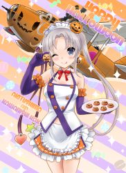 Rule 34 | 1girl, ;), ;p, ahoge, aircraft, airplane, akitsushima (kancolle), alternate costume, character name, commentary request, cookie, earrings, elbow gloves, flying boat, food, gloves, grey eyes, h8k, hair ornament, halloween, highres, holding, jack-o&#039;-lantern, jewelry, kantai collection, long hair, looking at viewer, maid, maid headdress, neko danshaku, nishikitaitei-chan, one eye closed, purple gloves, side ponytail, silver hair, smile, tongue, tongue out