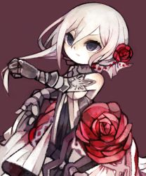 Rule 34 | 1girl, asymmetrical hair, bad id, bad pixiv id, bare shoulders, closed mouth, empty eyes, eyebrows, flower, frown, gauntlets, hair between eyes, hair flower, hair ornament, highres, holding, holding hair, long hair, pale skin, purple background, purple eyes, red flower, red rose, rose, sinoalice, sleeveless, snow white (sinoalice), solo, straight hair, v-shaped eyebrows, white hair, yukino super