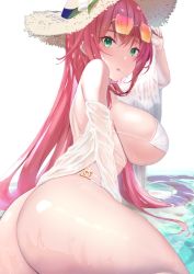 Rule 34 | 1girl, ass, azur lane, bikini, blush, bottomless, breasts, candy, chanel, food, green eyes, hat, large breasts, lollipop, long hair, long sleeves, looking at viewer, mouth hold, off shoulder, p answer, pink hair, see-through, simple background, solo, straw hat, sunglasses, sunglasses on head, surcouf (azur lane), surcouf (loisirs balneaires) (azur lane), swimsuit, thighs, water, wet, white background, white bikini