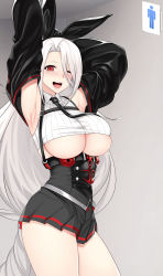 Rule 34 | 1girl, ;d, anchor symbol, armpits, arms behind head, azur lane, bare shoulders, black sleeves, blush, braid, breasts, collared shirt, commentary, cowboy shot, crop top, detached sleeves, grey skirt, hair between eyes, hairband, high-waist skirt, highres, indoors, jjanda, large breasts, long hair, looking at viewer, mole, mole under eye, necktie, nose blush, one eye closed, open mouth, pleated skirt, prinz heinrich (azur lane), red eyes, ribbed shirt, shirt, sidelocks, skirt, sleeveless, sleeveless shirt, smile, solo, standing, teeth, toilet symbol, underboob, upper teeth only, very long hair, white hair