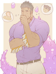 Rule 34 | 1boy, bara, belt, black hair, border, bread, commentary request, fins, fish boy, food, gills, hand to own mouth, hinokumo f, large pectorals, male focus, protagonist 1 (housamo), muscular, muscular male, outside border, pectorals, purple shirt, shirt, short hair, solo, tentacles, thinking, thought bubble, tokyo houkago summoners, upper body, white border, yellow background
