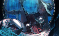 Rule 34 | 1girl, absurdres, aqua hat, arknights, bare shoulders, black ribbon, boots, breasts, clothing cutout, crying, crying with eyes open, detached sleeves, dress, fish, from side, hair between eyes, hat, headgear, highres, holding, holding staff, huge filesize, infection monitor (arknights), leg ribbon, leg up, long hair, looking at viewer, low-tied long hair, medium breasts, navel cutout, off-shoulder dress, off shoulder, official alternate costume, open mouth, red dress, red eyes, ribbon, silver hair, sitting, skadi (arknights), skadi the corrupting heart (arknights), solo, staff, tears, thighs, water, white footwear, yo-ba yo