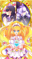 Rule 34 | 1girl, absurdres, apron, big hair, black cape, black gloves, black hair, black sailor collar, blonde hair, blue eyes, blunt bangs, bow, bowtie, bridal gauntlets, cape, cardigan, choker, closed eyes, closed mouth, clothing cutout, commentary, cure finale, delicious party precure, domino mask, dress, gentlu (precure), gloves, hair ornament, hat, highres, kasai amane, long hair, looking at viewer, low twintails, magical girl, mask, medium dress, mitsuki tayura, open mouth, praying, precure, puffy short sleeves, puffy sleeves, purple bow, purple bowtie, purple hair, reaching, reaching towards viewer, recipipi, sailor collar, school uniform, serafuku, shinsen middle school uniform, short sleeves, shoulder cutout, smile, solo, sparkle, stained glass, star (symbol), tiara, top hat, twintails, very long hair, waist apron, white cardigan, white choker, white dress, white gloves